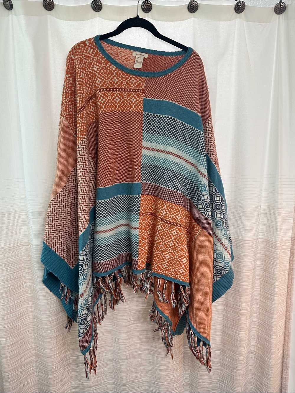Sundance Teal & Rust Patchwork Print Fringe Poncho